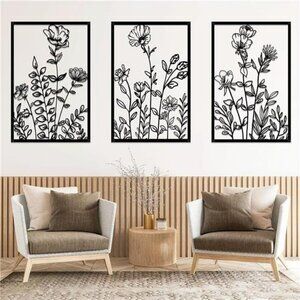 Black Metal Flower Wall Art Set Abstract Minimalist Decor for Bedroom Living